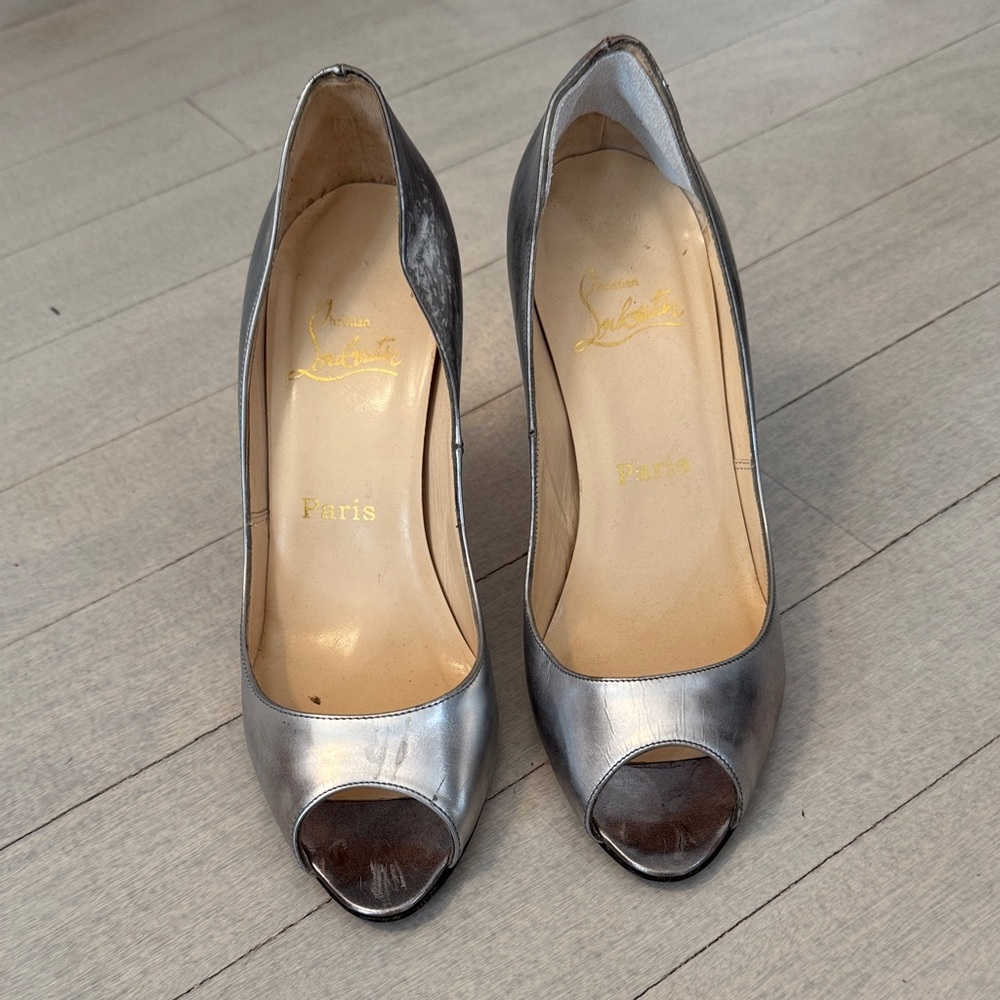 Christian Louboutin Metallic Silver Peep-Toe Heels